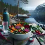Colorful vegetable recovery bowl and beet juice by a norwegian fjord