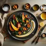 Nordic plate of roasted pumpkin chanterelles and brown butter on stoneware