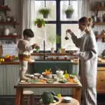 Norwegian child choosing colorful vegetables and dips in a cozy kitchen
