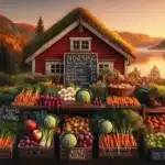 Norwegian farm stand with seasonal local fruits and vegetables at sunset