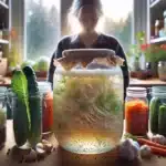 Norwegian home cook packing cabbage into brine filled jars for fermentation