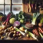 Norwegian seasonal root vegetables cabbage and peas arranged on a wooden table