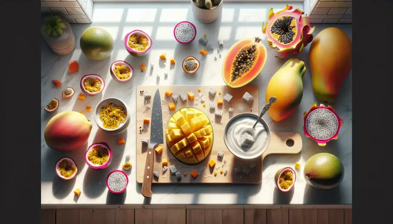 Assorted exotic fruits cut and prepared on a bright scandinavian kitchen counter