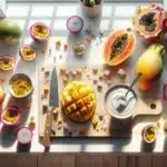 Assorted exotic fruits cut and prepared on a bright scandinavian kitchen counter