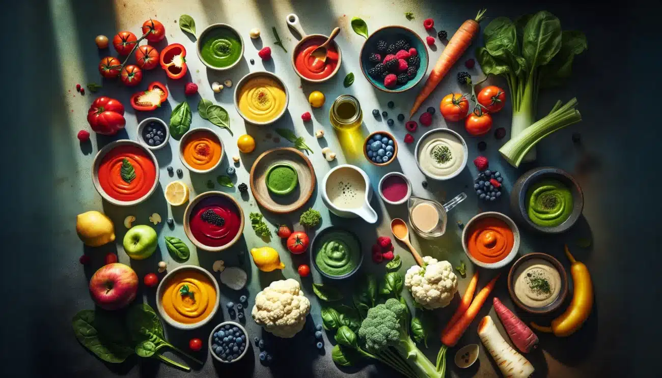 Colorful vegetable and fruit based sauces in bowls on a bright norwegian kitchen counter
