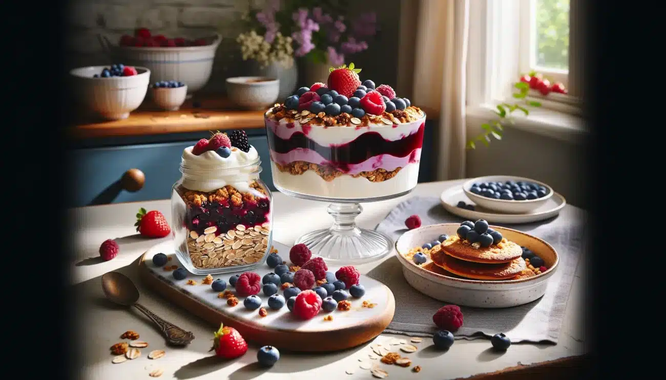 Healthy norwegian berry desserts with yoghurt parfait crumble and pancakes on table