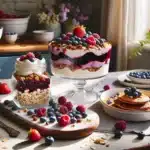 Healthy norwegian berry desserts with yoghurt parfait crumble and pancakes on table