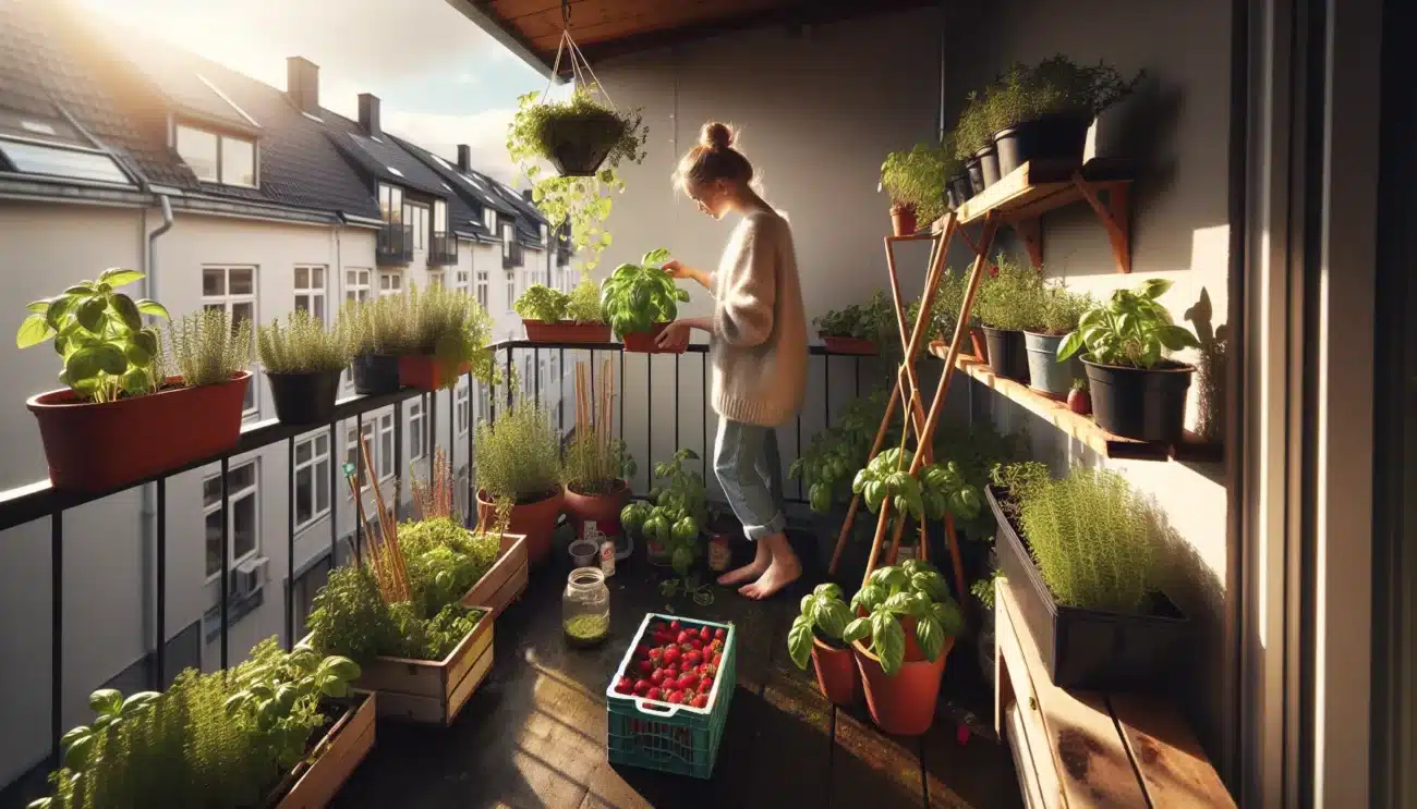 Norsk balkong med urteplanter og jordb r kvinne h ster friske blader om sommeren