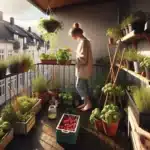 Norsk balkong med urteplanter og jordb r kvinne h ster friske blader om sommeren