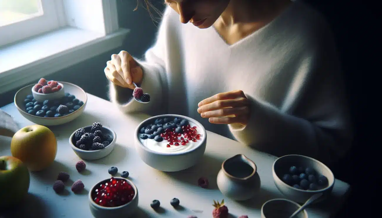 Norsk frokostbolle med yoghurt toppet med b r granateple og frukt