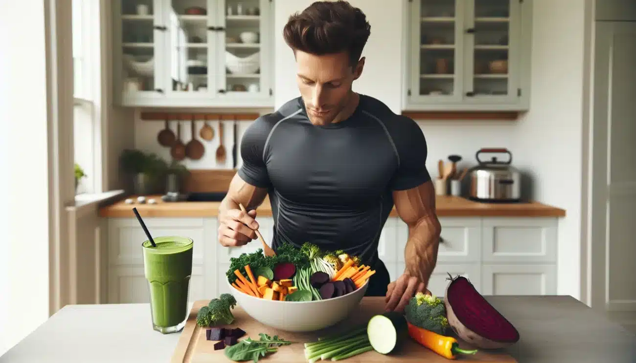 Norsk mosjonist lager fargerikt gr nnsaksmaltid og smoothie etter trening pa kj kkenet