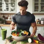 Norsk mosjonist lager fargerikt gr nnsaksmaltid og smoothie etter trening pa kj kkenet