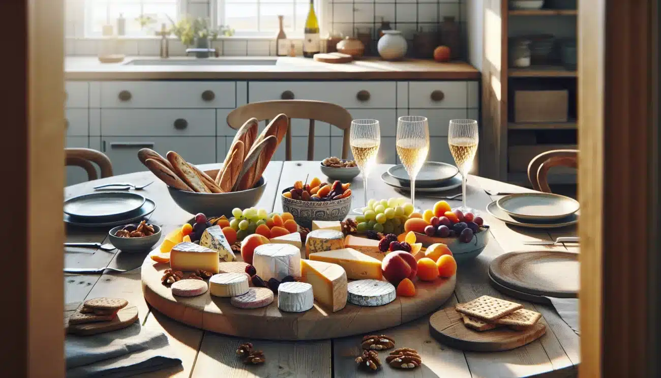 Norwegian cheese and fruit board with brie cheddar blamuggost and fresh fruit
