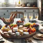 Norwegian cheese and fruit board with brie cheddar blamuggost and fresh fruit