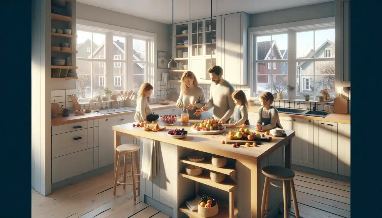 Norwegian family making colorful fruity yoghurt snacks together in a bright kitchen