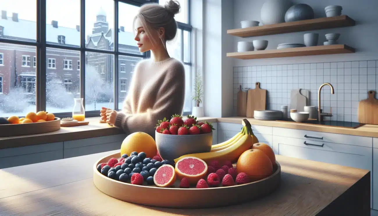 Norwegian woman enjoying fresh fruit in a bright kitchen to reduce stress