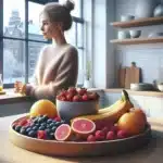 Norwegian woman enjoying fresh fruit in a bright kitchen to reduce stress
