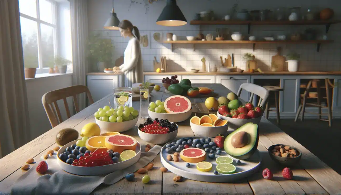 Norwegian woman enjoying fresh mixed fruit and yogurt for healthy glowing skin
