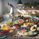 Norwegian woman enjoying fresh mixed fruit and yogurt for healthy glowing skin