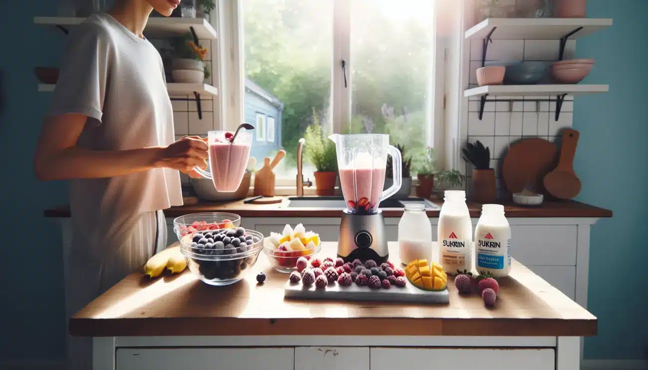 Parent and child making colorful sugar free fruit ice creams in a bright kitchen