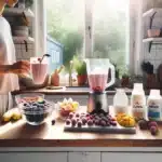 Parent and child making colorful sugar free fruit ice creams in a bright kitchen