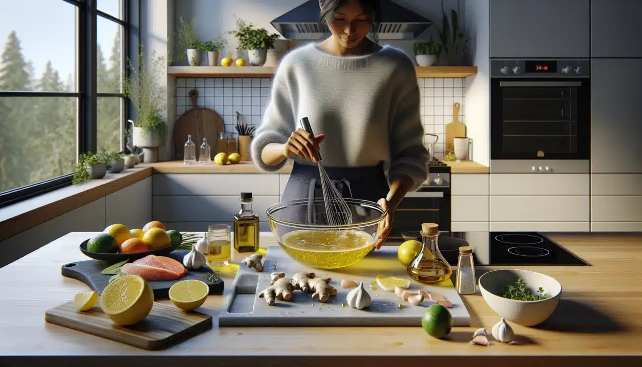 Person whisking fruit and spice marinade in a bright norwegian home kitchen