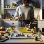 Person whisking fruit and spice marinade in a bright norwegian home kitchen
